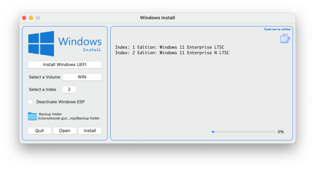 Aplikacja Windows Install - opcje do zaznaczenia