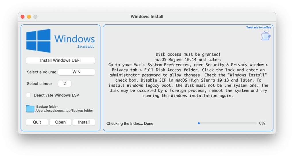 Aplikacja Windows Install - przyznanie dostępu do dysku komputera