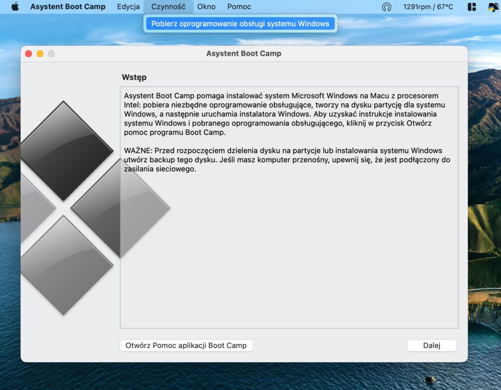 Asystent Boot Camp - pobieranie oprogramowania obsługi systemu Windows